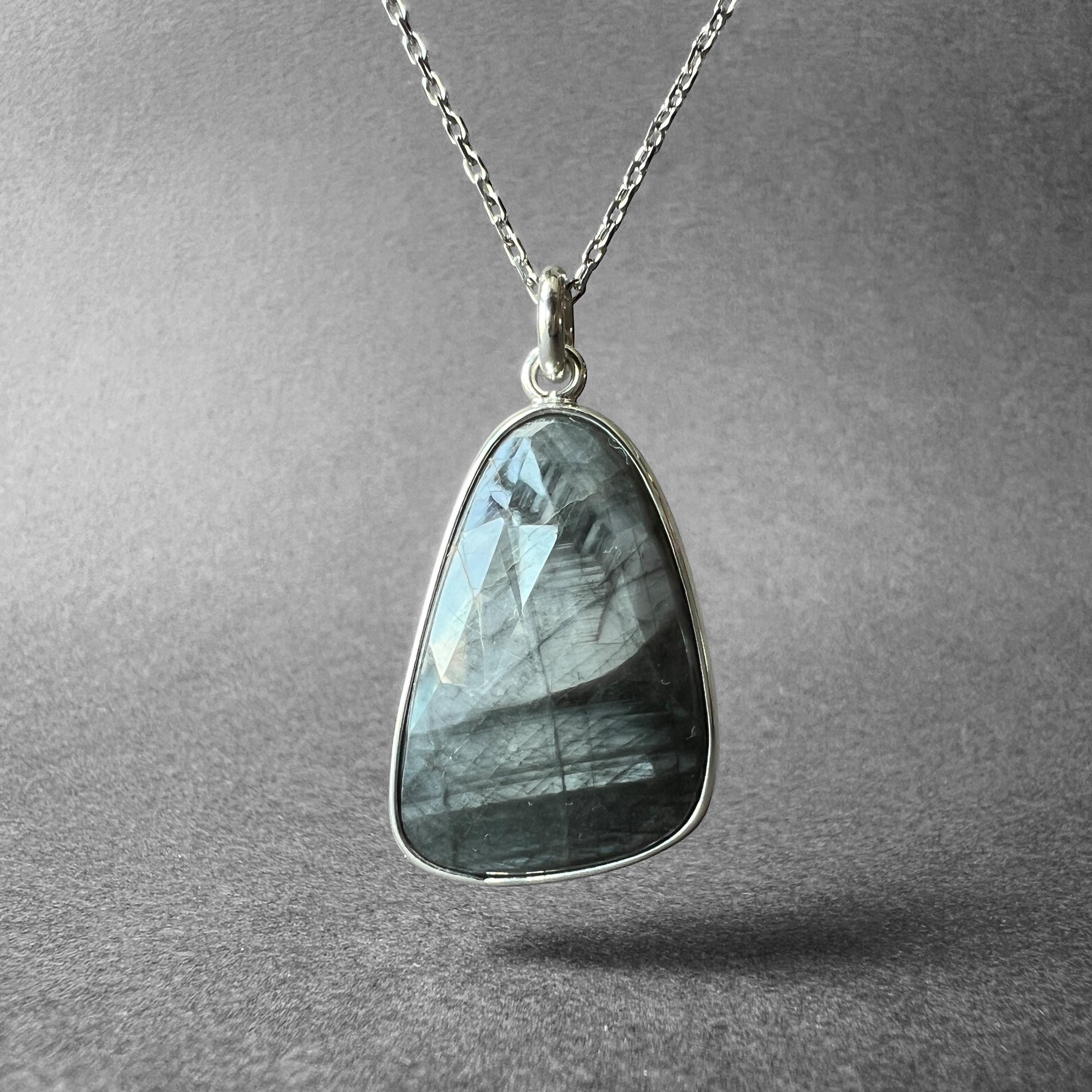 Natural White Sapphire Stone Silver Necklace, White And Gray Sapphire Pendant, Shimmering Cut, White Sapphire Men Necklace, Gift For Her