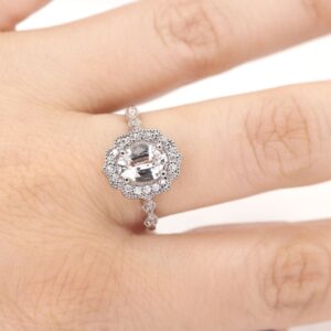 14K White Sapphire Floral Ring: Diamond Band Engagement Ring 14K White Sapphire Floral Ring: Diamond Band Engagement Ring