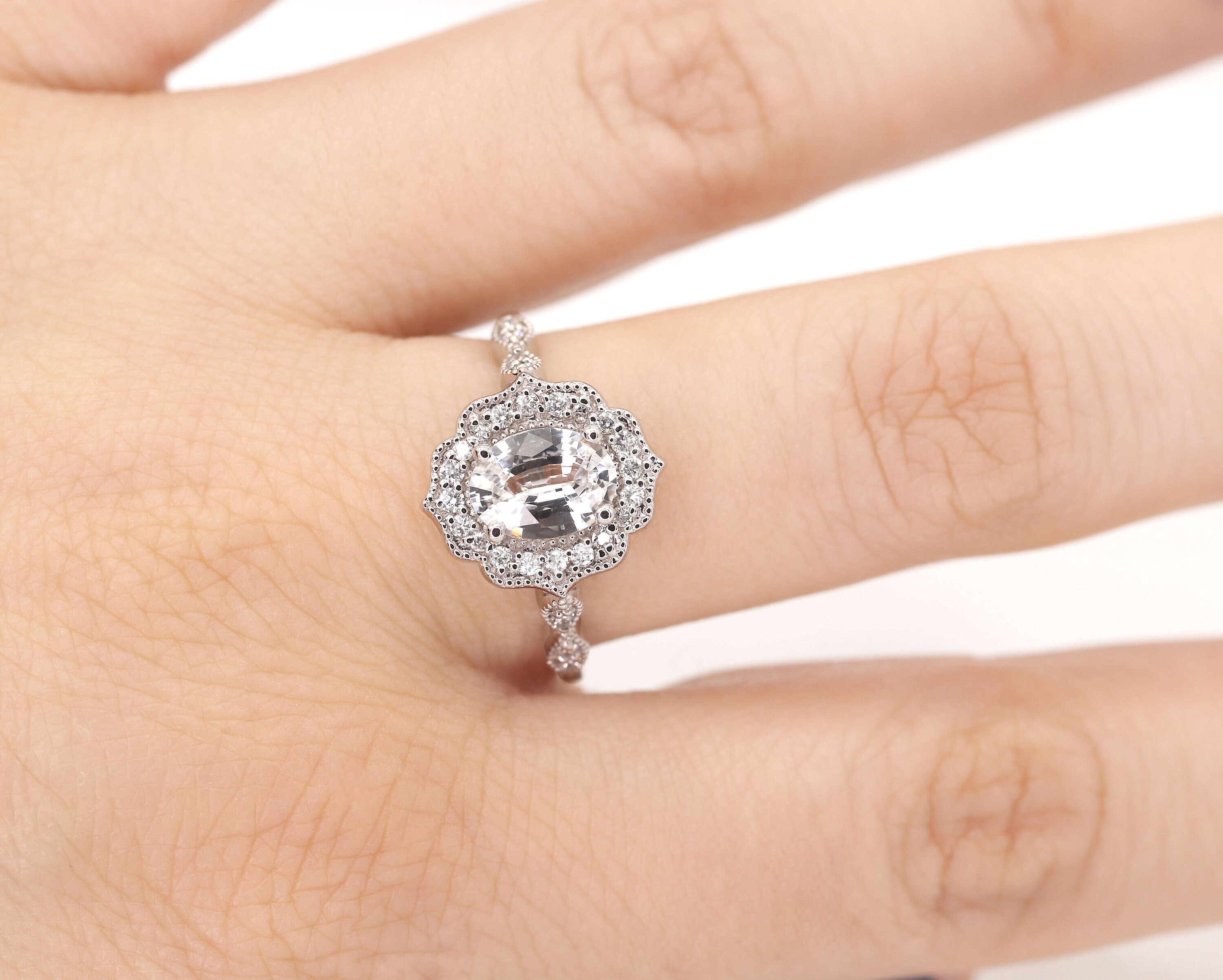 14k White Sapphire Floral Ring: Diamond Band Engagement Ring