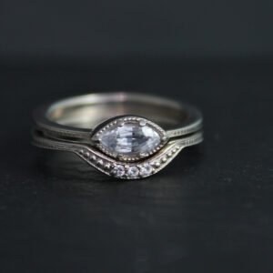 14k white gold Marquise White sapphire Ring, Vintage Inspired East to West, Sideways Marquise, Wedding Engagement Set, Bridal Set