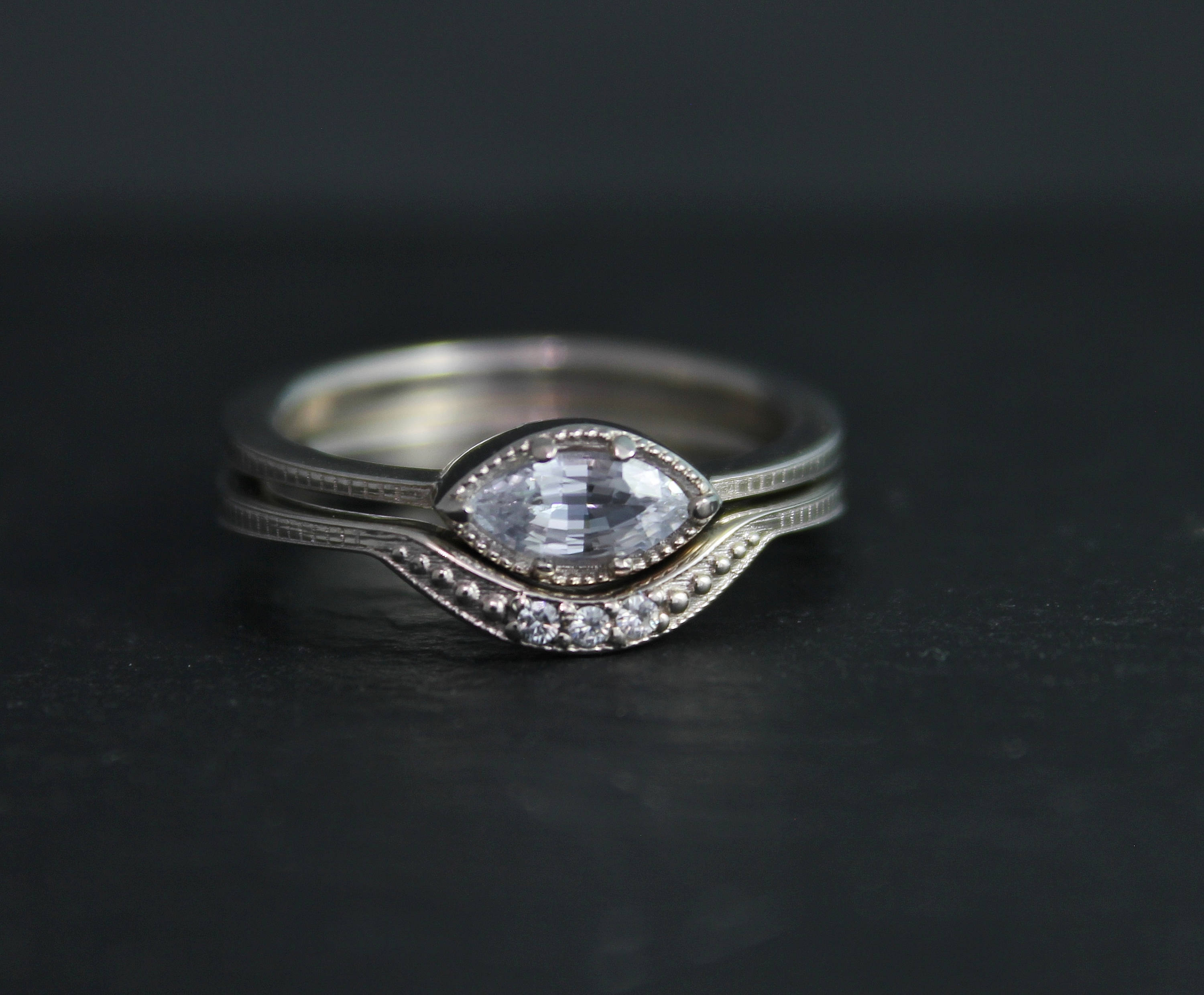14k White Gold Marquise White Sapphire Ring, Vintage Inspired East To West, Sideways Marquise, Wedding Engagement Set, Bridal Set