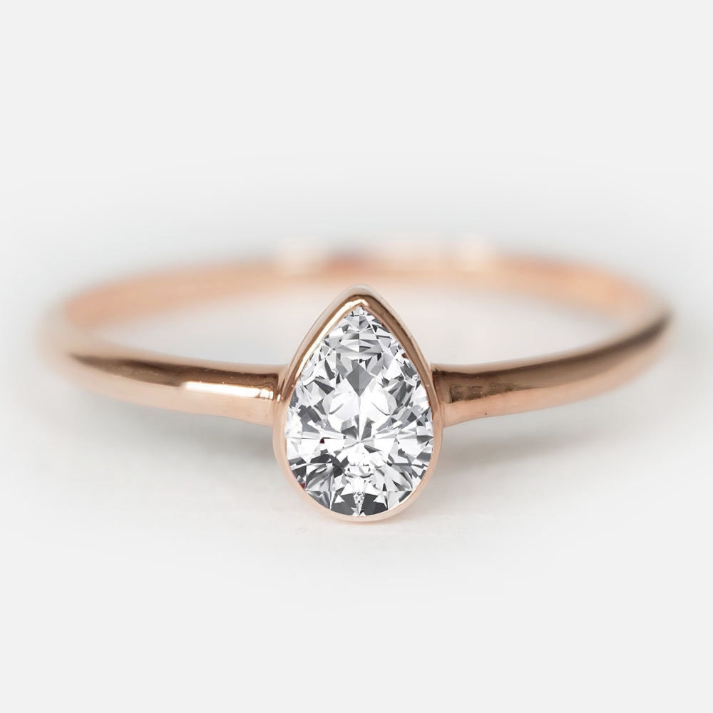 14k Rose Gold Pear-shaped White Sapphire Solitaire Engagement Ring, Minimalist Wedding Jewelry Gift