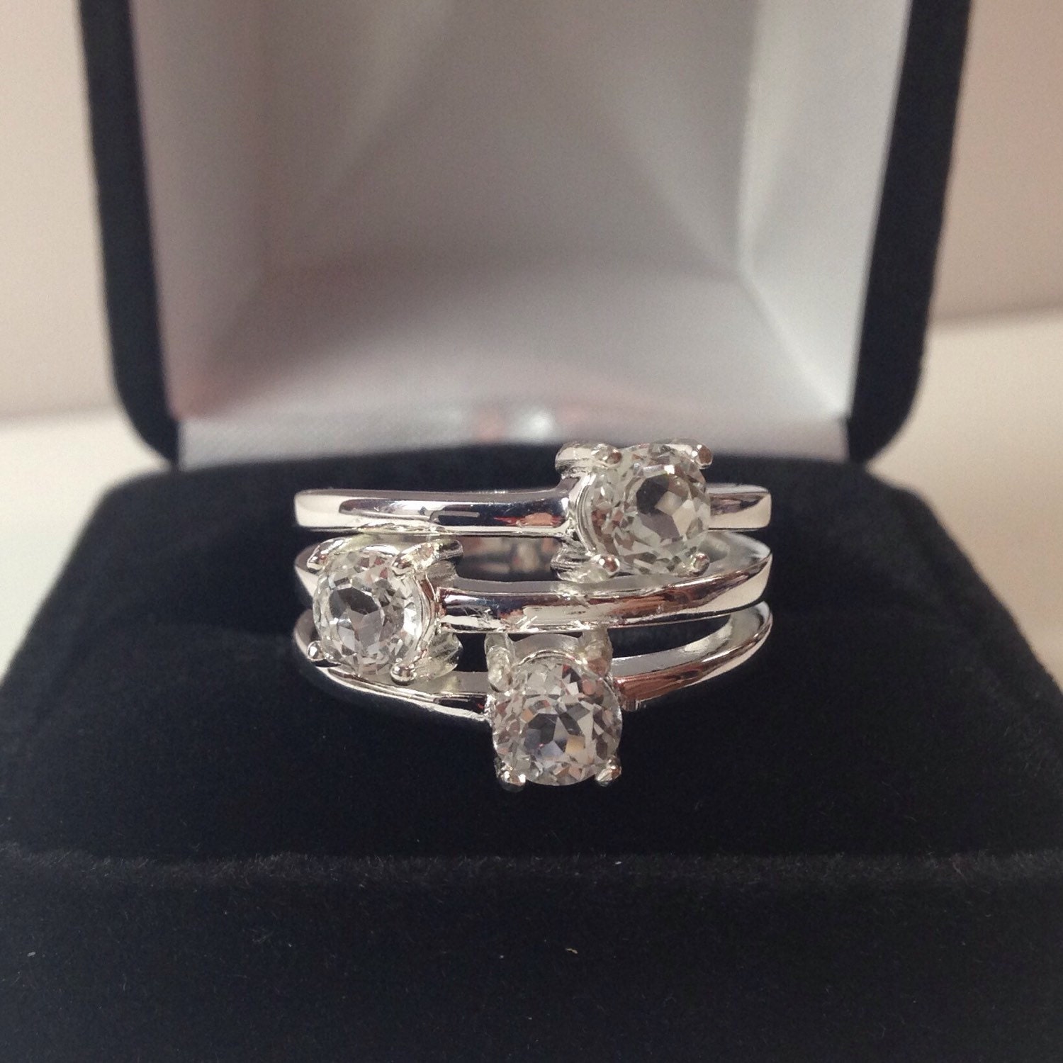 2.25ctw White Sapphire Three Stone Ring Wide Band Anniversary Gift Right Hand Ring