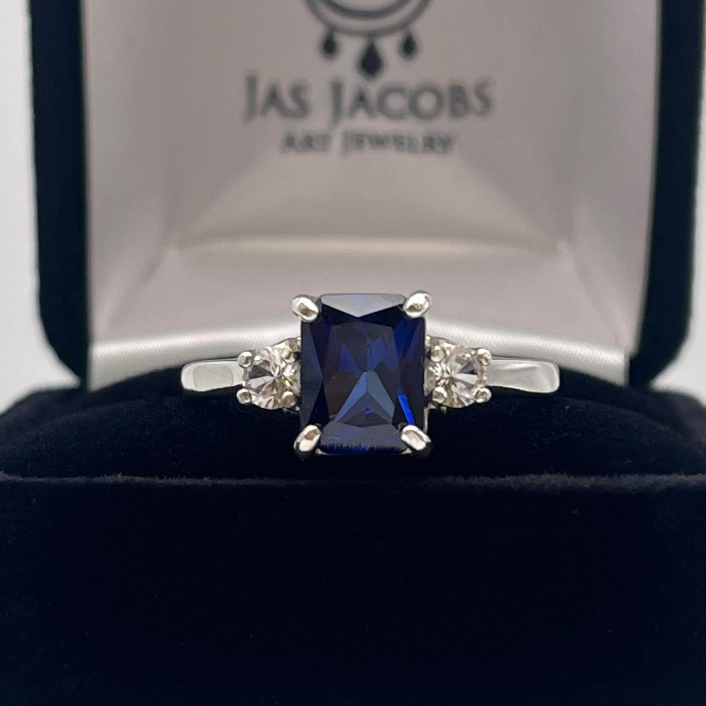 3ctw Emerald Cut Sapphire Ring White Sapphire Accents With Sizing Jewelry Gift September Birthstone