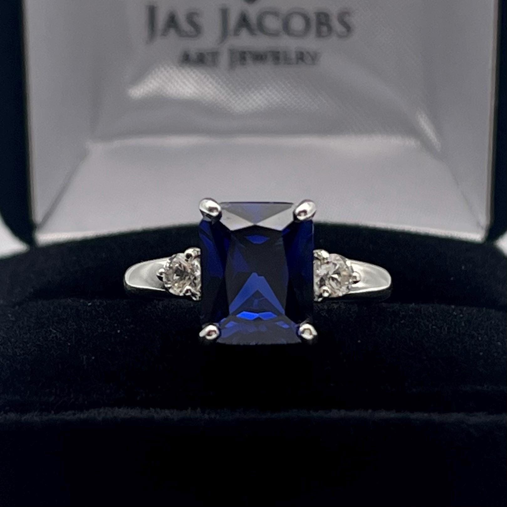 4ct Emerald Cut Sapphire Ring White Sapphire Accents With Sizing Jewelry Gift September Birthstone