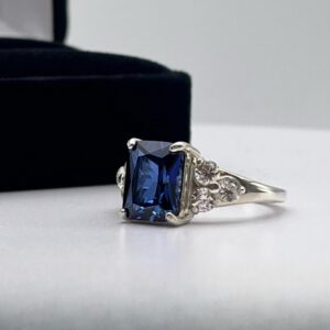 4ct Emerald Cut Sapphire Ring With Sizing White Sapphire Accents Bridal Engagement September Birthstone