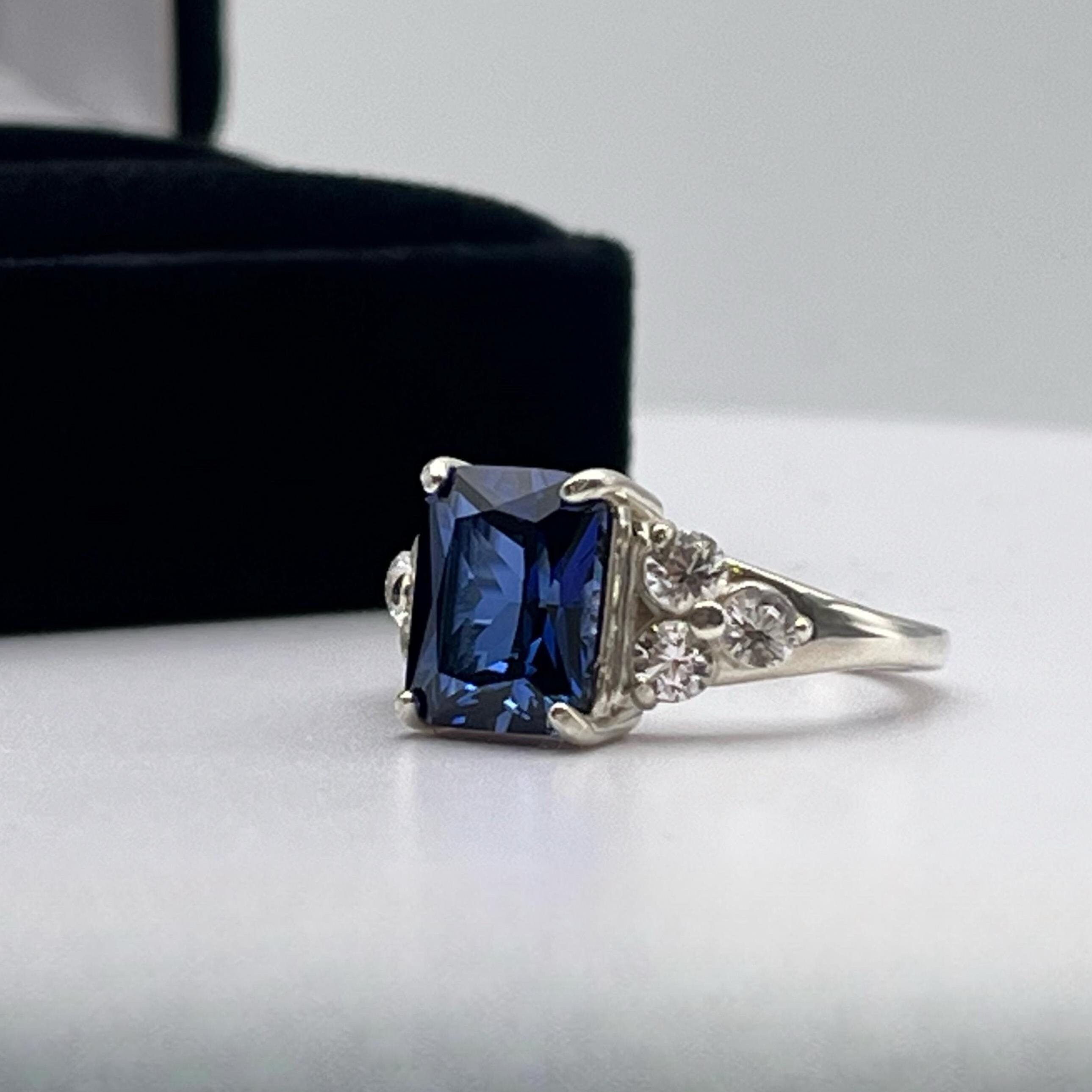 4ct Emerald Cut Sapphire Ring With Sizing White Sapphire Accents Bridal Engagement September Birthstone