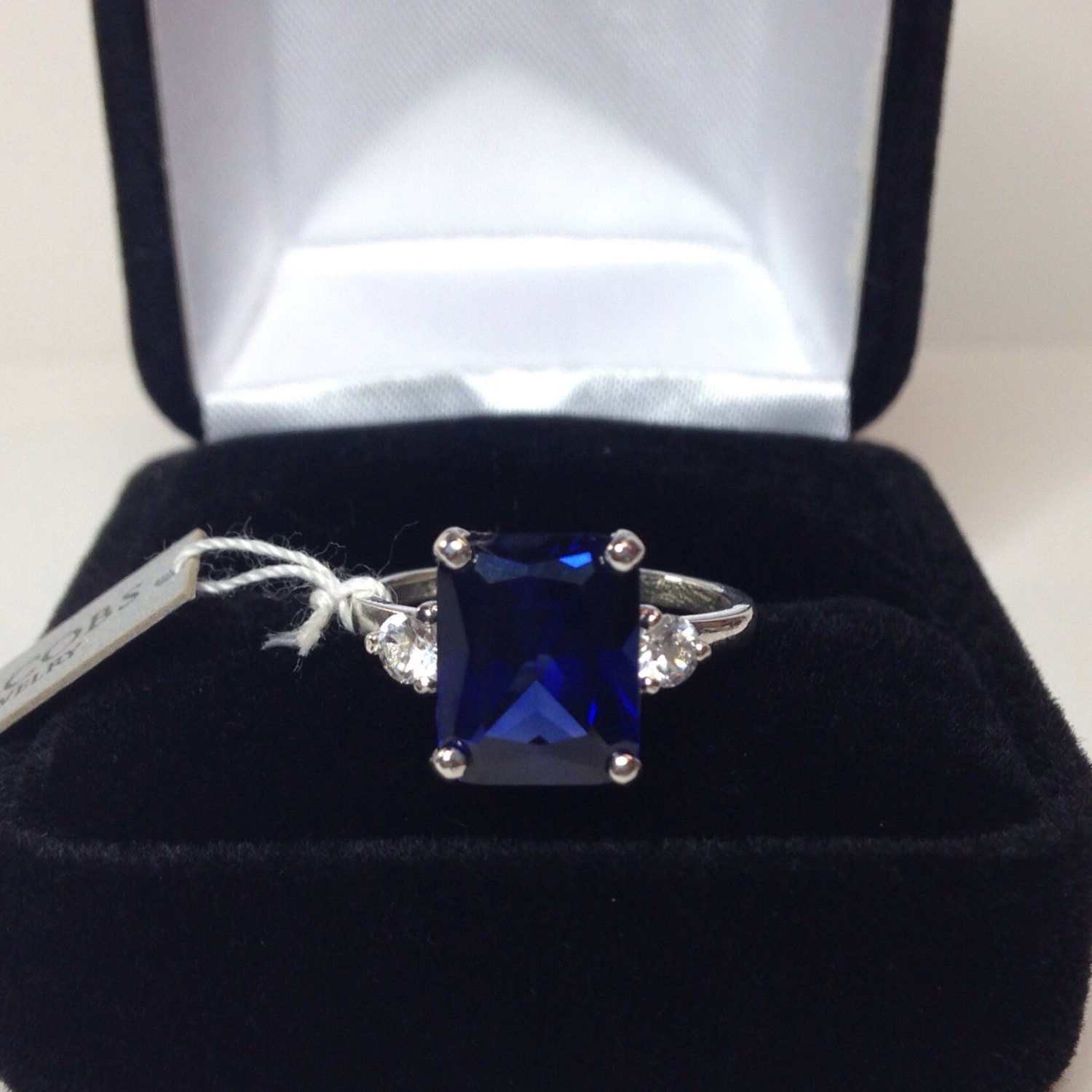 4ct Emerald Cut Sapphire Ring With Sizing White Sapphire Accents Jewelry Bridal September Birthstone