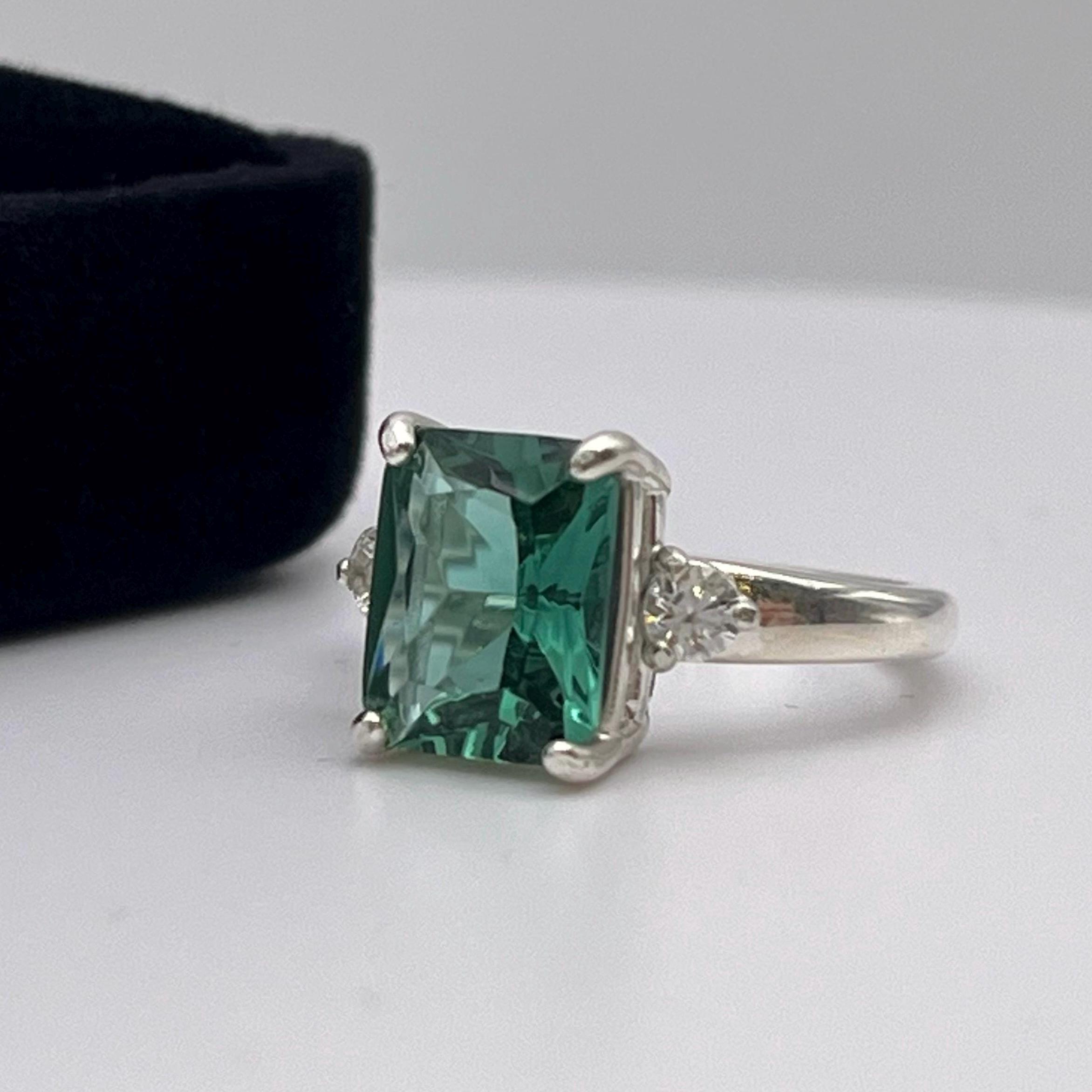 4ctw Emerald Cut Green Quartz & White Sapphire Ring With Sizing Jewelry Gift
