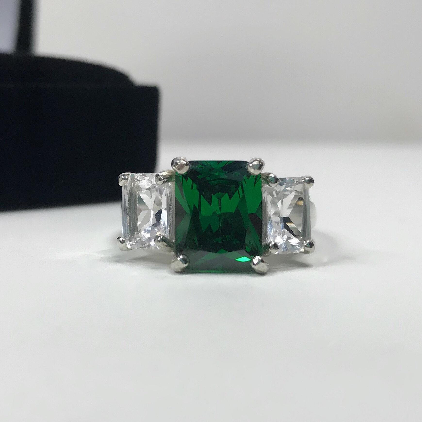 5.5ctw Emerald Cut Emerald Ring Three Stone White Sapphire May Birthstone Jewelry Gift Valentines