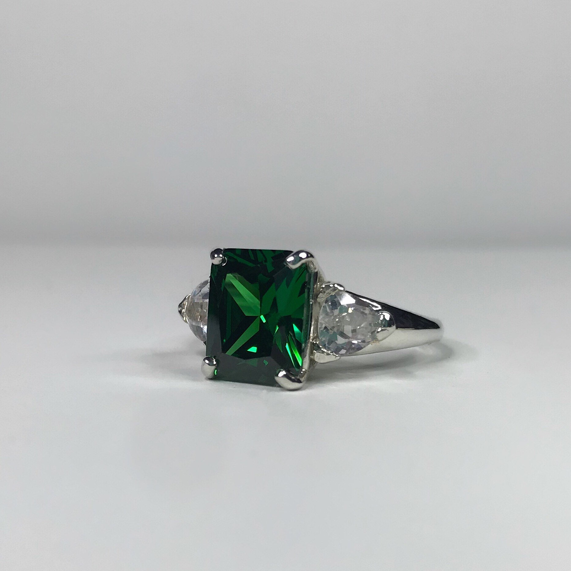 5.5ctw Emerald Cut Emerald Ring With Sizing Trillion White Sapphire Accents May Birthstone Jewelry
