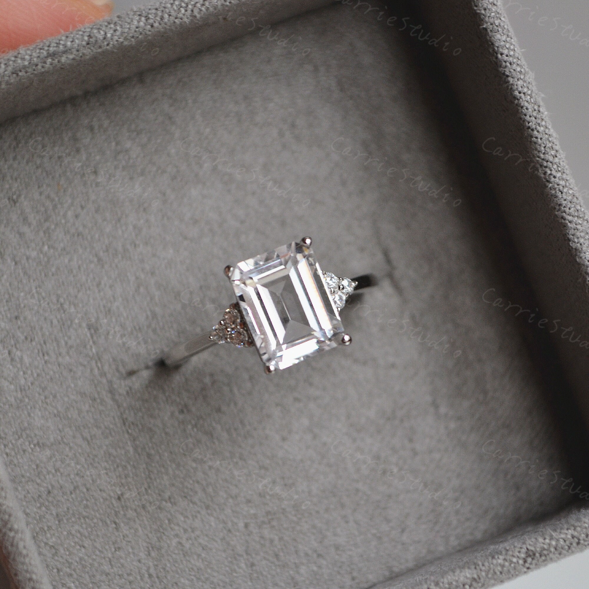 7*9 Mm Emerald Cut White Sapphire Ring White Gem Engagement Ring Sapphire Promise Ring Anniversary Ring Gift