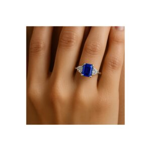 Blue Sapphire Engagement Ring, Three Stone Vintage Style With White Sapphire Trillions