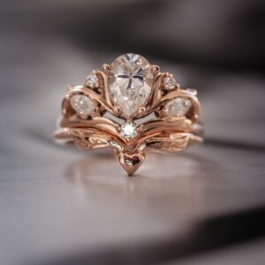White Sapphire Bridal Ring Set, Baroque Inspired Proposal Ring White Sapphire Bridal Ring Set, Baroque Inspired Proposal Ring