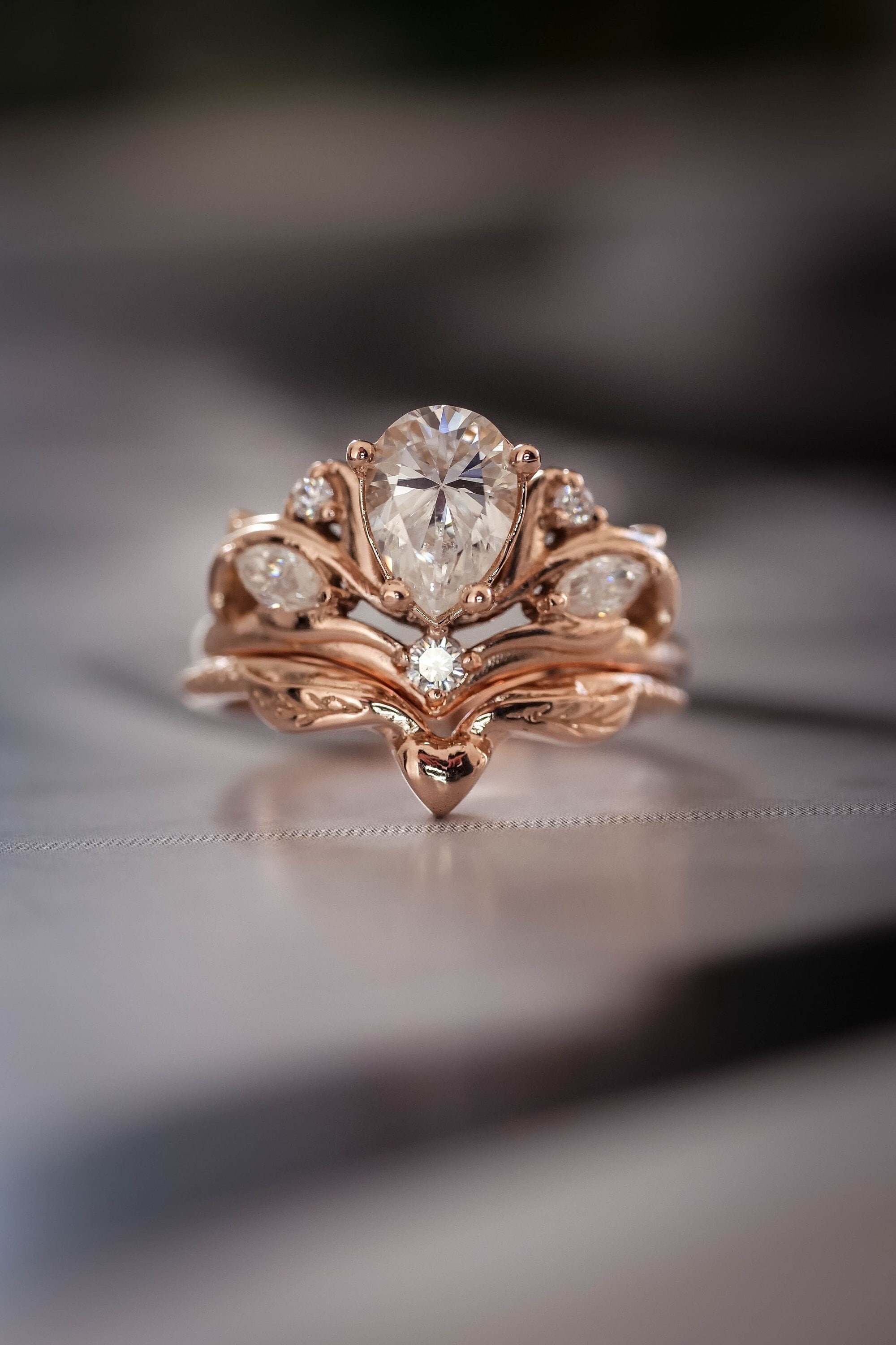 White Sapphire Bridal Ring Set, Baroque Inspired Proposal Ring