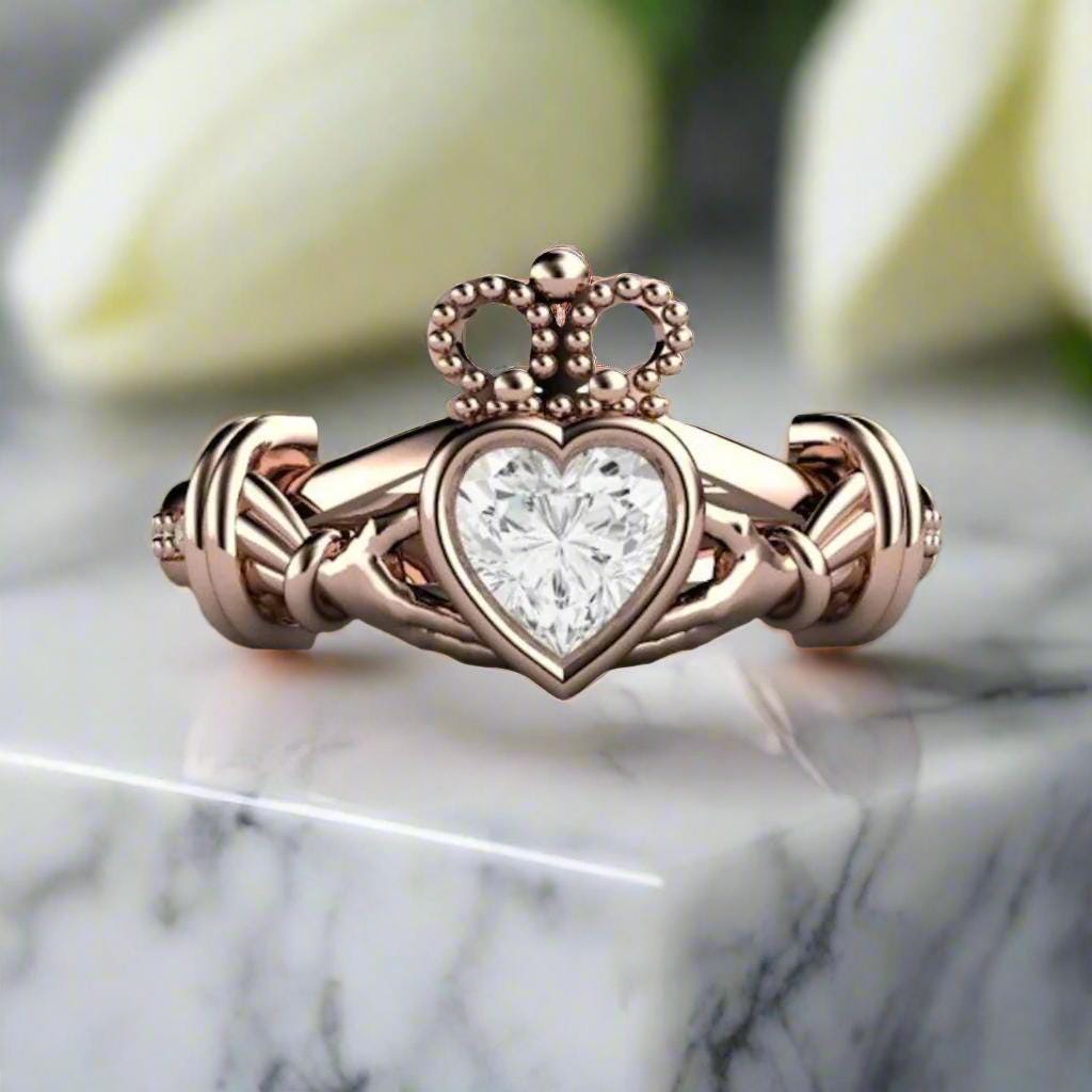 Claddagh Ring Celtic Wedding Ring Engagement Ring Natural White Sapphire Heart Ring Irish Promise Ring 14k Or 18k Gold Jewelry From Ireland