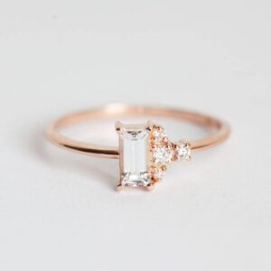 White Sapphire Cluster Ring In 14k Solid Gold With Side Diamonds, Sapphire Or Diamond Baguette Unique Engagement Ring