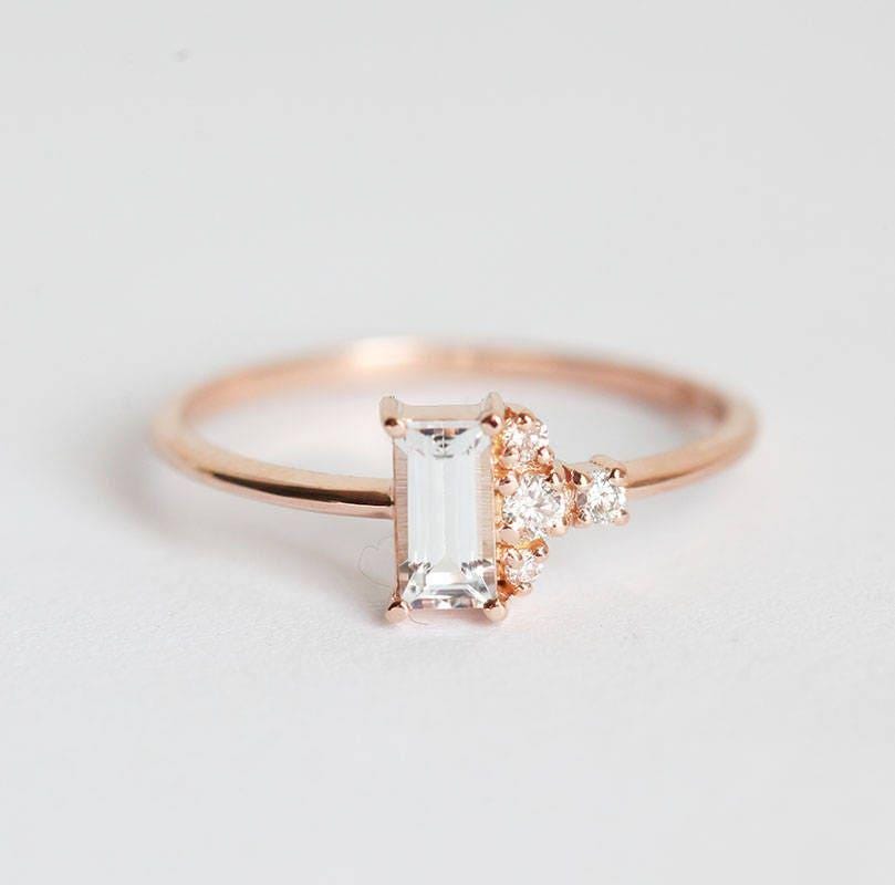 White Sapphire Cluster Ring In 14k Solid Gold With Side Diamonds, Sapphire Or Diamond Baguette Unique Engagement Ring