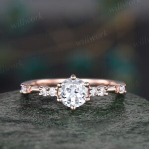 Dainty Round cut white sapphire ring unique white sapphire engagement ring for women 6 prong rose gold ring 7 stone diamond promise ring Dainty Round cut white sapphire ring unique white sapphire engagement ring for women 6 prong rose gold ring 7 stone diamond promise ring
