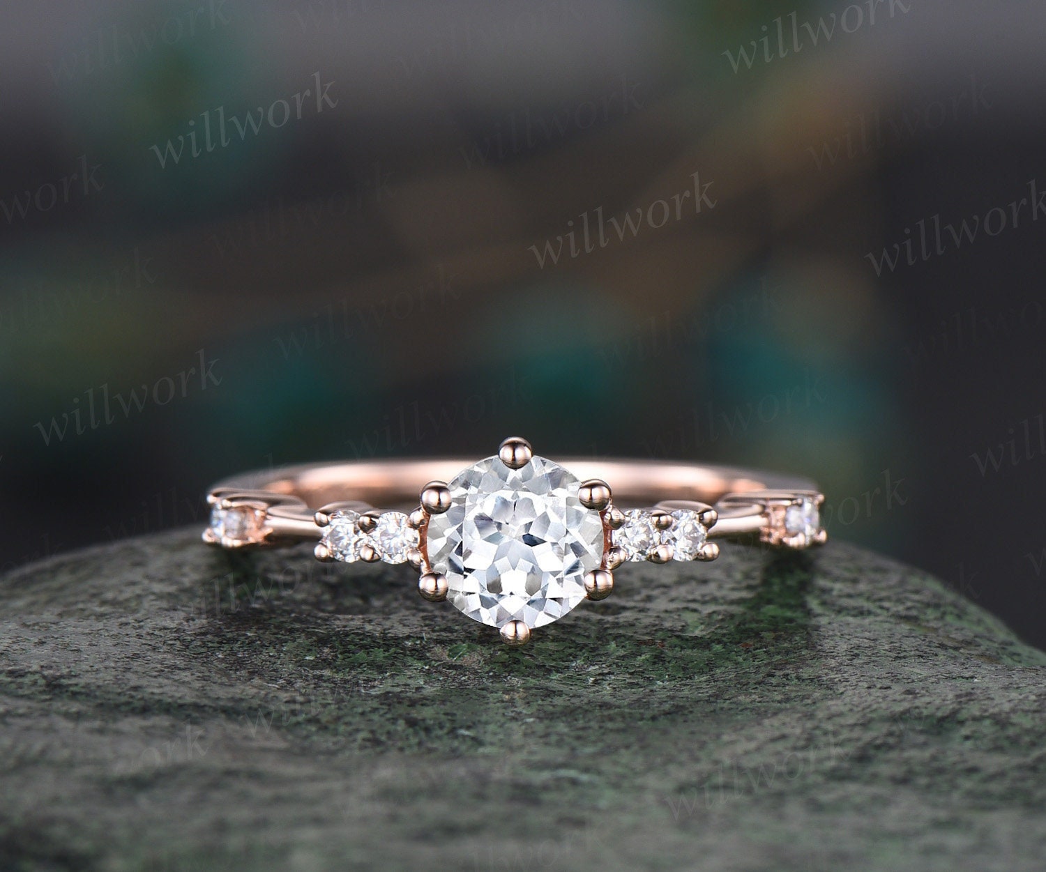 Dainty Round Cut White Sapphire Ring Unique White Sapphire Engagement Ring For Women 6 Prong Rose Gold Ring 7 Stone Diamond Promise Ring