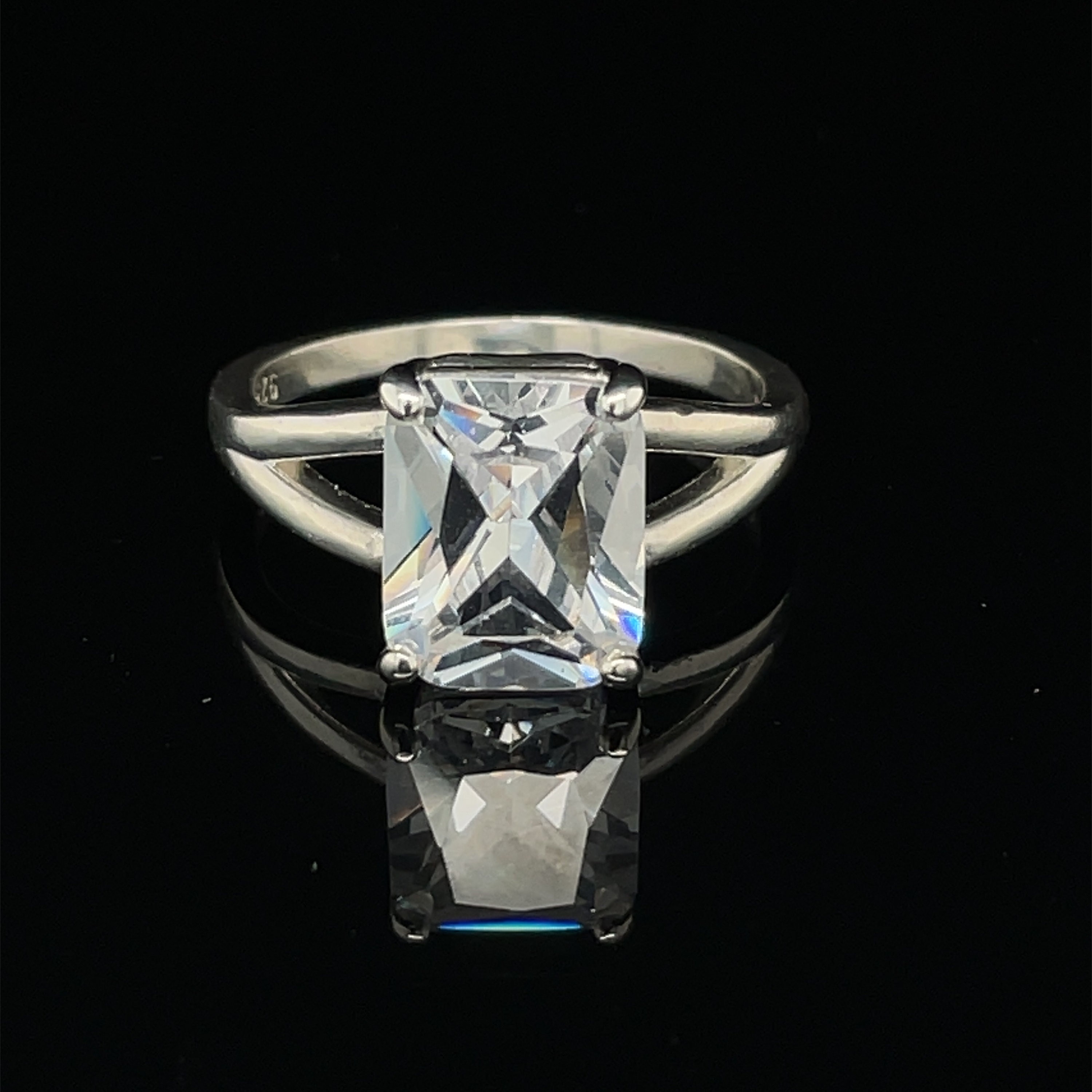 White Sapphire Ring, Emerald Cut Clear Sapphire, Custom Faceted Gemstone, Sterling Silver Ring, Size 7