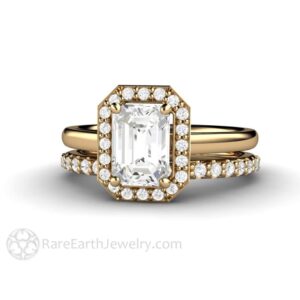 Emerald Cut White Sapphire Engagement Ring White Sapphire Ring With Pave Diamond Halo And Wedding Band 14k 18k Gold White Stone Engagement