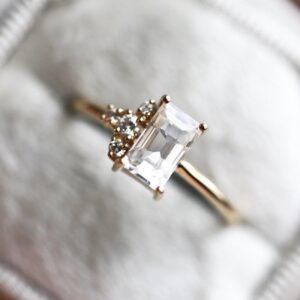 White Sapphire Engagement Ring, White Baguette Diamond Engagement Ring, White Sapphire Ring With Diamonds, Cluster Engagement Ring