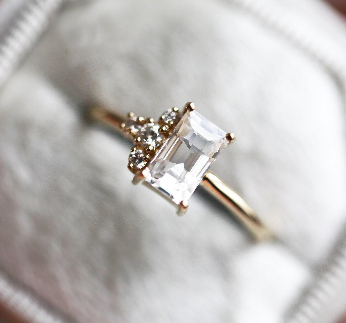 White Sapphire Engagement Ring, White Baguette Diamond Engagement Ring, White Sapphire Ring With Diamonds, Cluster Engagement Ring White Sapphire Engagement Ring, White Baguette Diamond Engagement Ring, White Sapphire Ring With Diamonds, Cluster Engagement Ring