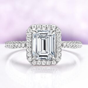 White Sapphire Engagement Ring Emerald Cut Halo Ring 925 Sterling Silver Lab Grown Sapphire Promise Ring Diamond Alternative