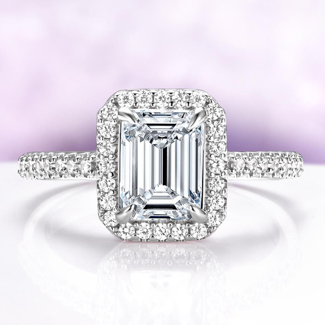 White Sapphire Engagement Ring Emerald Cut Halo Ring 925 Sterling Silver Lab Grown Sapphire Promise Ring Diamond Alternative White Sapphire Engagement Ring Emerald Cut Halo Ring 925 Sterling Silver Lab Grown Sapphire Promise Ring Diamond Alternative