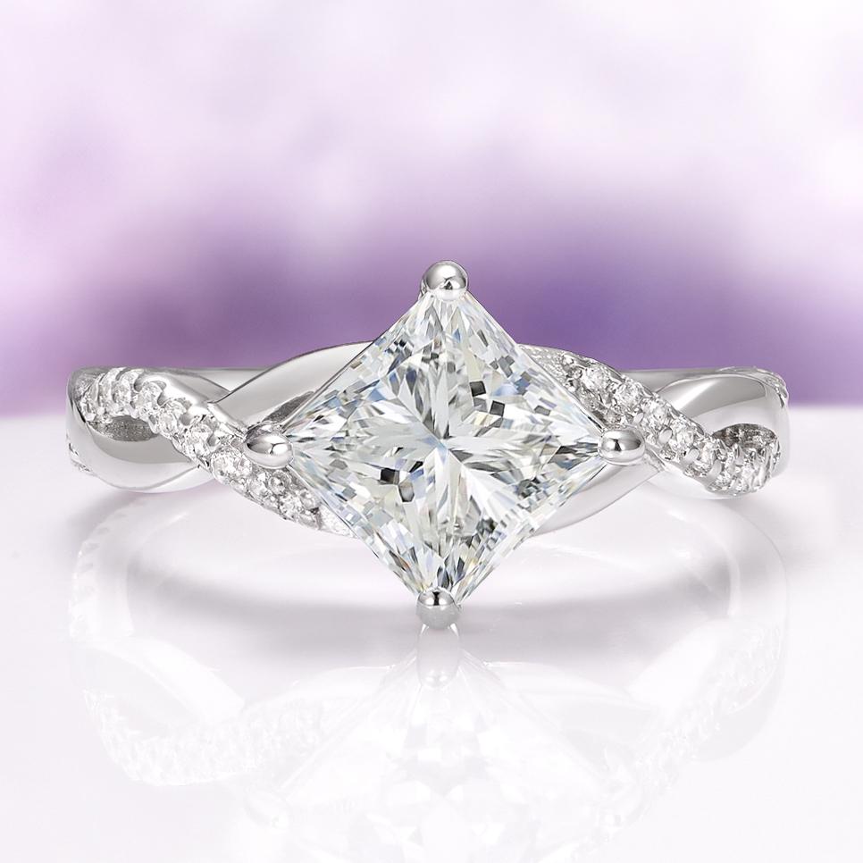 White Sapphire Engagement Ring In 925 Sterling Silver- Princess Cut Diamond Twisted Vine Promise Ring- September Birthstone Gift For Her White Sapphire Engagement Ring In 925 Sterling Silver- Princess Cut Diamond Twisted Vine Promise Ring- September Birthstone Gift For Her