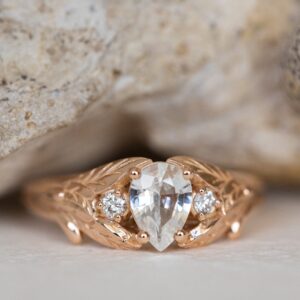 White Sapphire Engagement Ring, Nature Inspired Gold Ring With Diamonds
