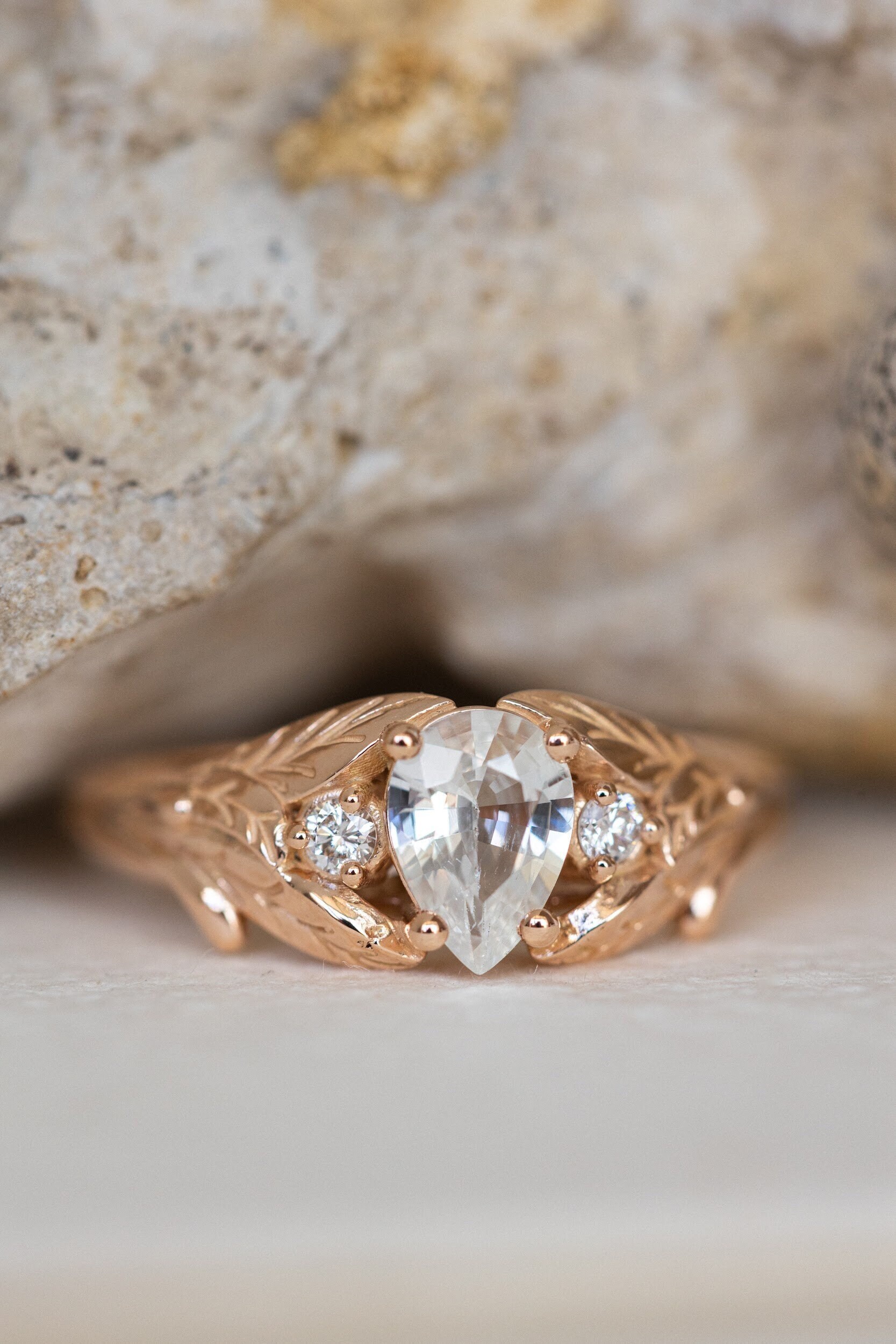 White Sapphire Engagement Ring, Nature Inspired Gold Ring With Diamonds White Sapphire Engagement Ring, Nature Inspired Gold Ring With Diamonds