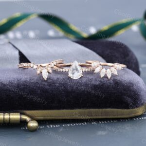 White sapphire engagement ring set vintage Pear shaped Unique Rose Gold Marquise cut ring art deco Bridal Promise Anniversary gift for women White sapphire engagement ring set vintage Pear shaped Unique Rose Gold Marquise cut ring art deco Bridal Promise Anniversary gift for women