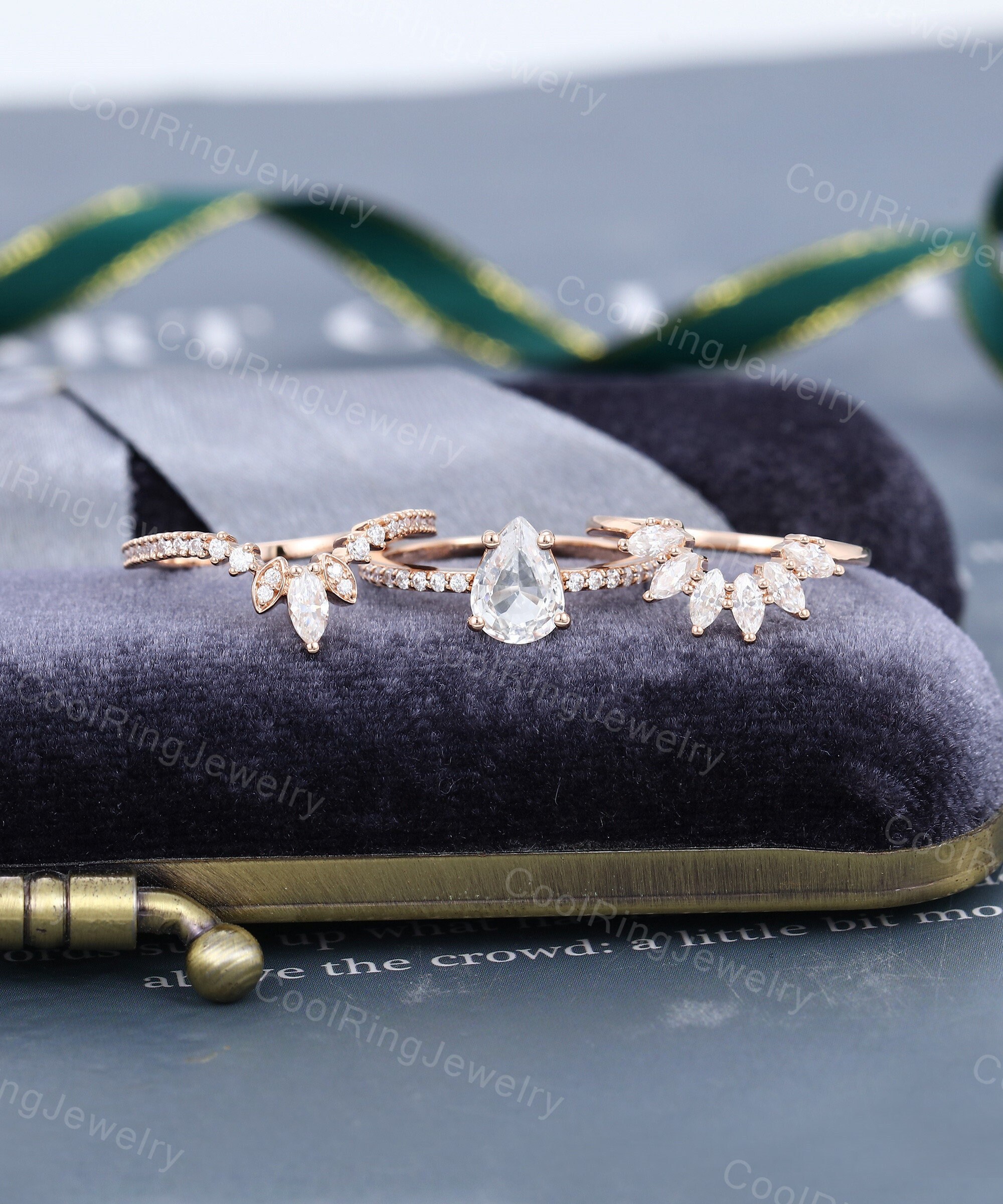 White Sapphire Engagement Ring Set Vintage Pear Shaped Unique Rose Gold Marquise Cut Ring Art Deco Bridal Promise Anniversary Gift For Women