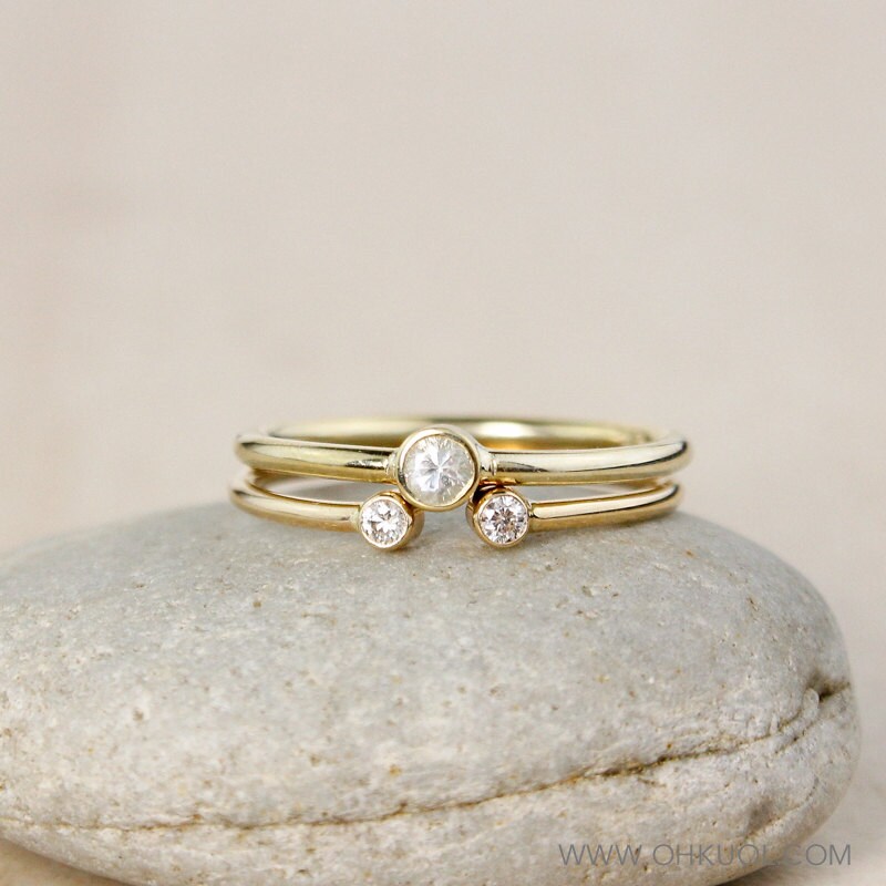 Gold Diamond Ring Set: White Sapphire, Modern 10k Wedding Rings Gold Diamond Ring Set: White Sapphire, Modern 10k Wedding Rings