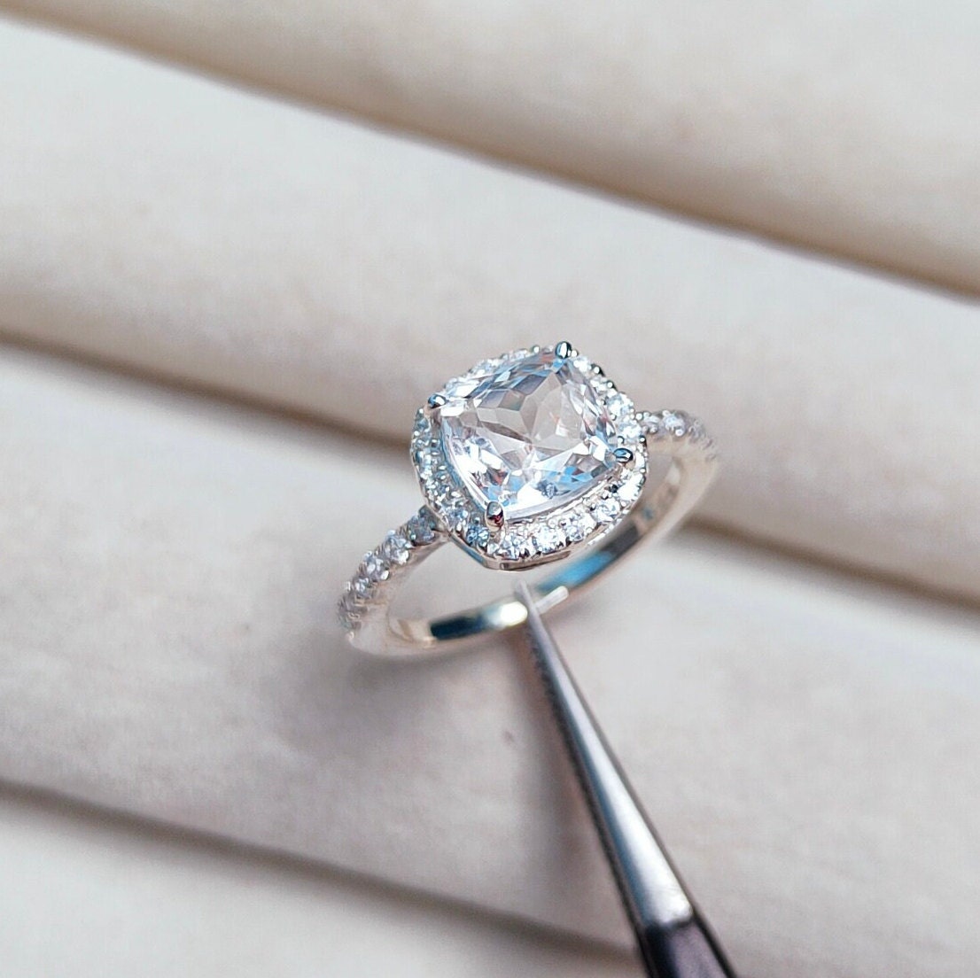 White Sapphire Halo Ring, Cushion Cut White Sapphire Ring, Sterling Silver Ring, Lab Created White Sapphire Ring, Lab Created Sapphire Ring White Sapphire Halo Ring, Cushion Cut White Sapphire Ring, Sterling Silver Ring, Lab Created White Sapphire Ring, Lab Created Sapphire Ring