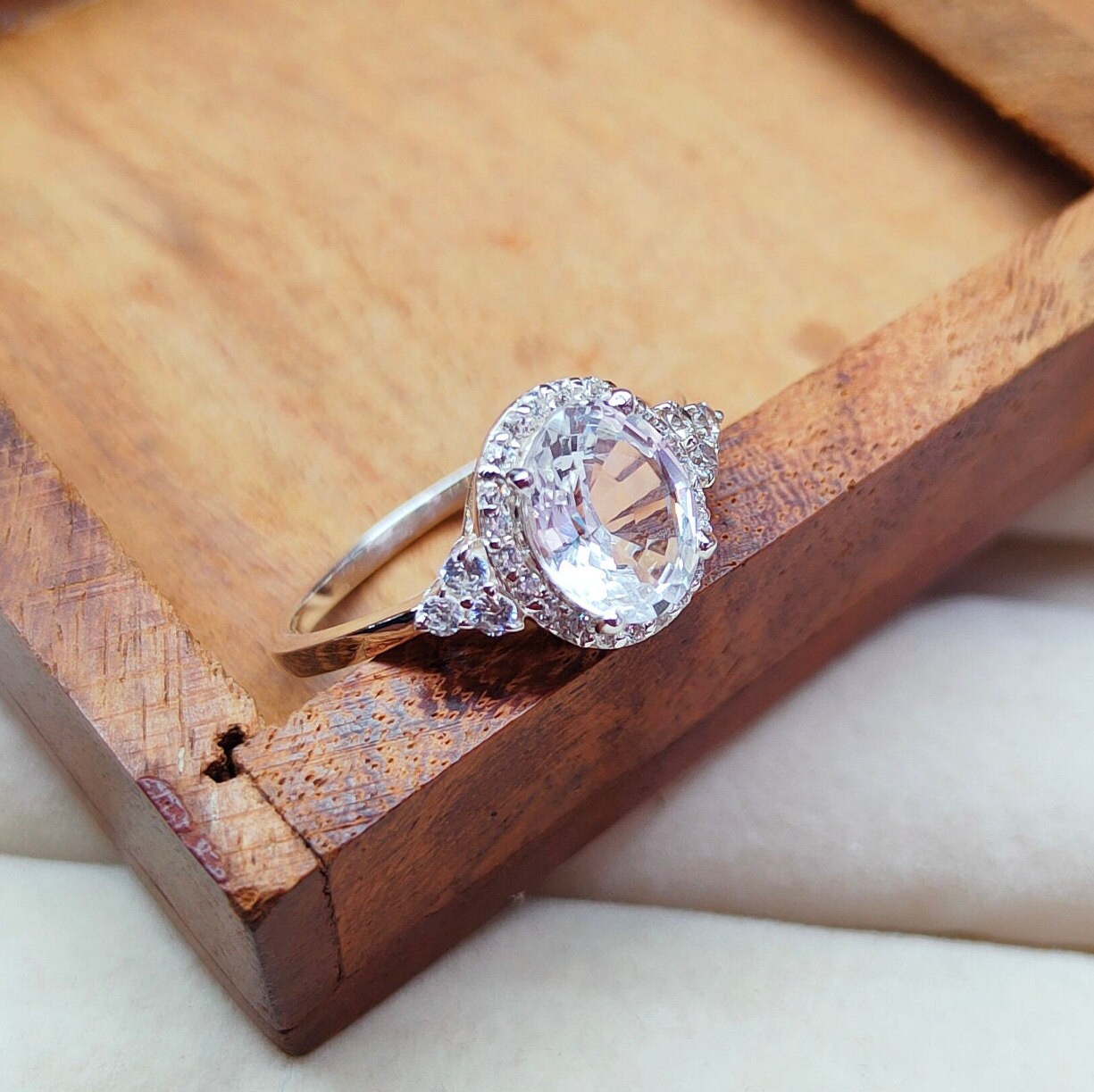 White Sapphire Halo Ring, Oval Cut White Sapphire Ring, Sterling Silver Ring, Lab Created White Sapphire Ring, Lab Grown Sapphire Ring