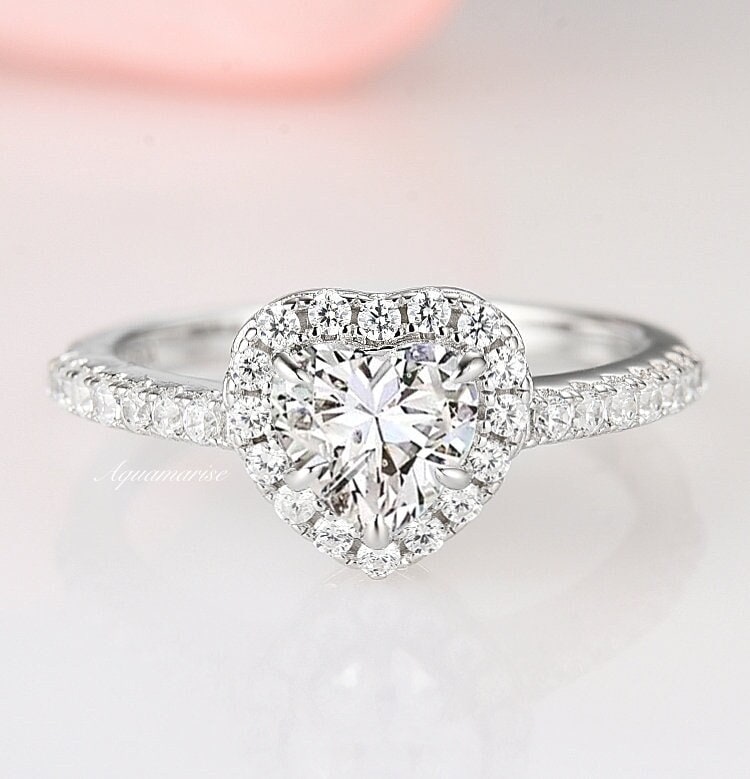 White Sapphire Engagement Ring, Heart Promise Ring, Natural Sapphire Halo Ring, Sterling Silver Heart Cut Ring