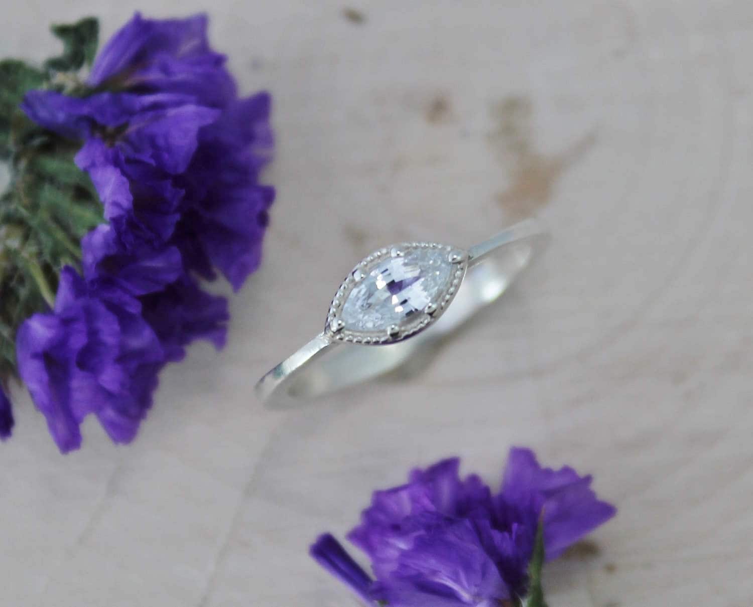 Marquise White Sapphire Ring, Sterling Silver, Vintage Inspired East To West Ring, Sideways Marquise Ring, Milgrain, Made To Order
