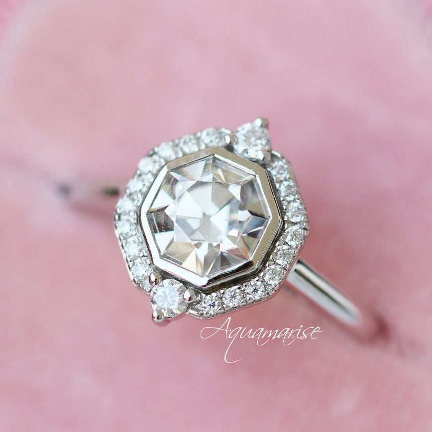 White Sapphire Engagement Ring, Asscher Cut Lab Sapphire Vintage Halo Ring, Art Deco Sterling Silver