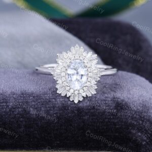 Oval Cut White Sapphire Engagement Ring Vintage White Gold Halo Diamond Ring Unique Art Deco Baguette Cut Ring Bridal Ring Gift For Women