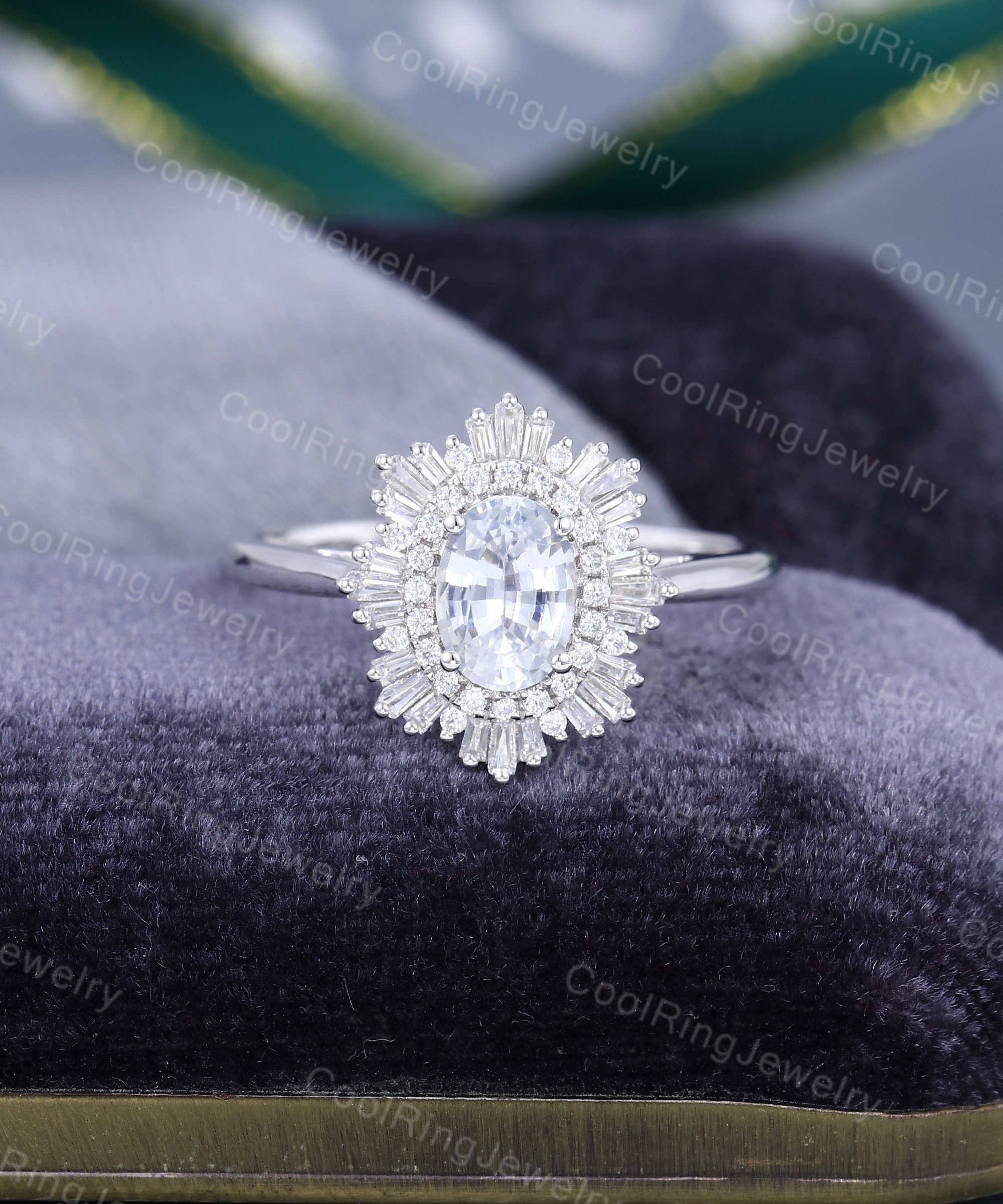 Oval Cut White Sapphire Engagement Ring Vintage White Gold Halo Diamond Ring Unique Art Deco Baguette Cut Ring Bridal Ring Gift For Women