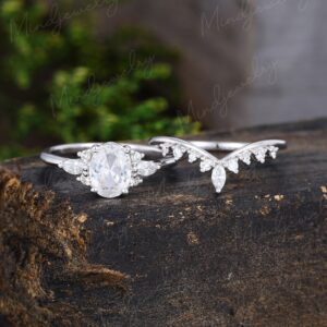 Oval White Sapphire Engagement Ring Set Unique Cluster White Gold Engagement Ring Curved Diamond Bridal Promise Anniversary Gift For Her