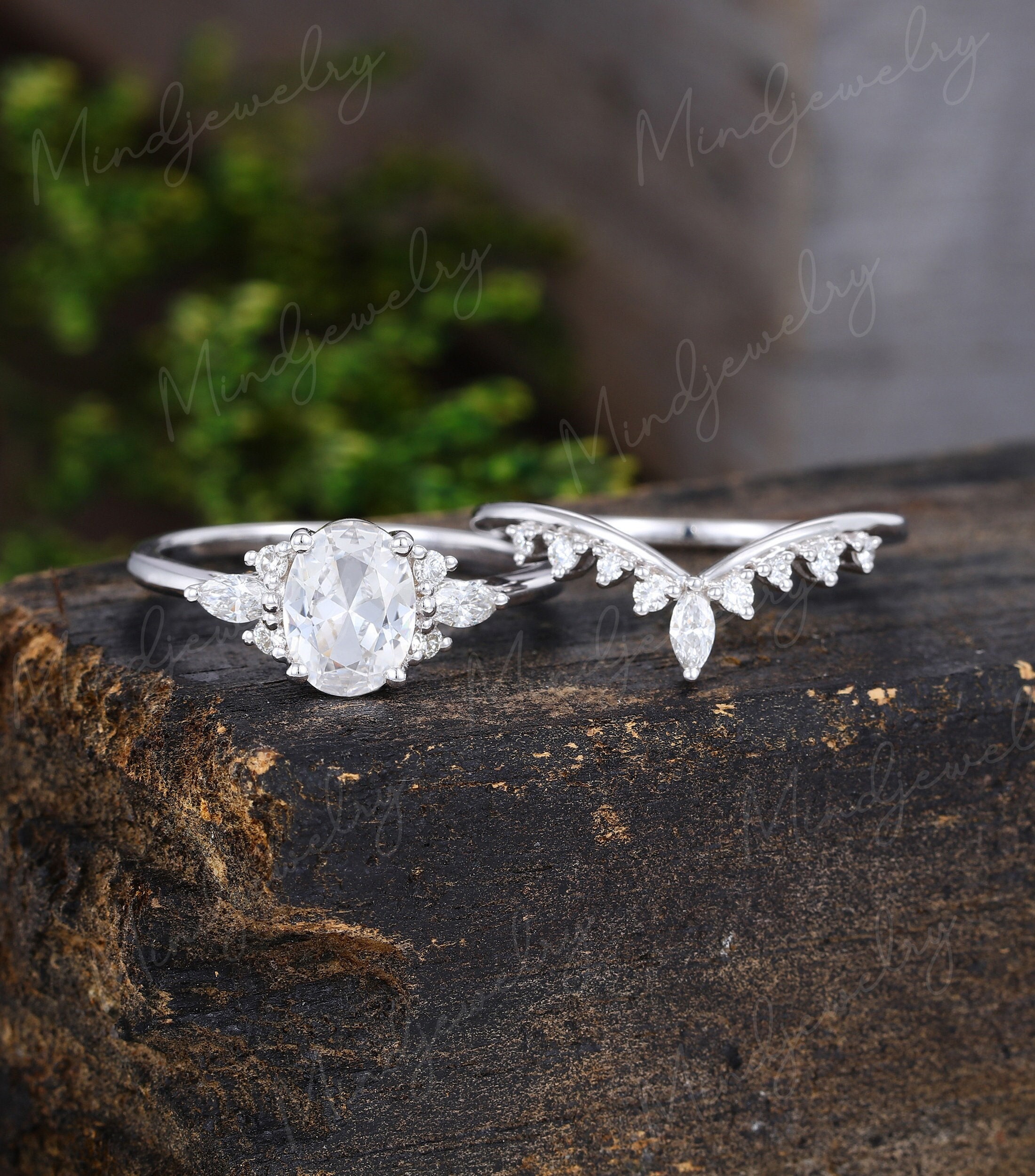 Oval White Sapphire Engagement Ring Set Unique Cluster White Gold Engagement Ring Curved Diamond Bridal Promise Anniversary Gift For Her