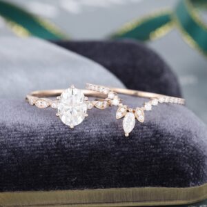 Oval White Sapphire Engagement Ring Set Rose Gold Unique Engagement Ring Vintage Curved Marquise Cut Bridal Ring Anniversary Gift For Her