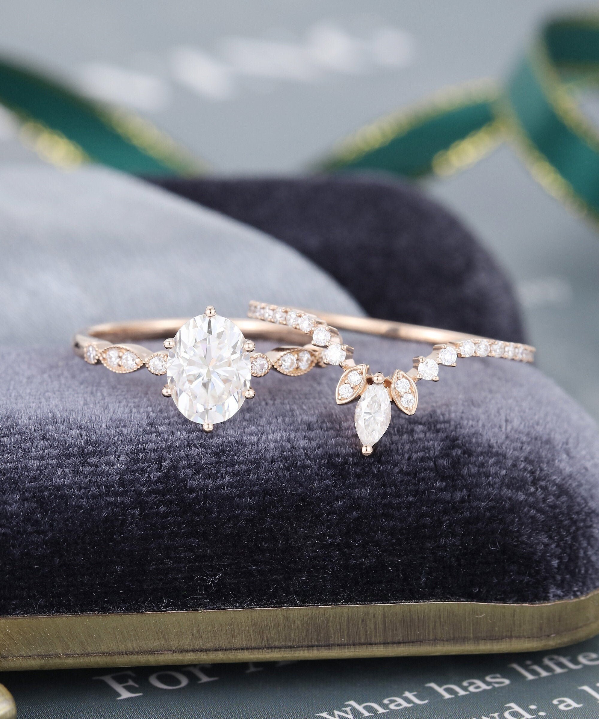 Oval White Sapphire Engagement Ring Set Rose Gold Unique Engagement Ring Vintage Curved Marquise Cut Bridal Ring Anniversary Gift For Her