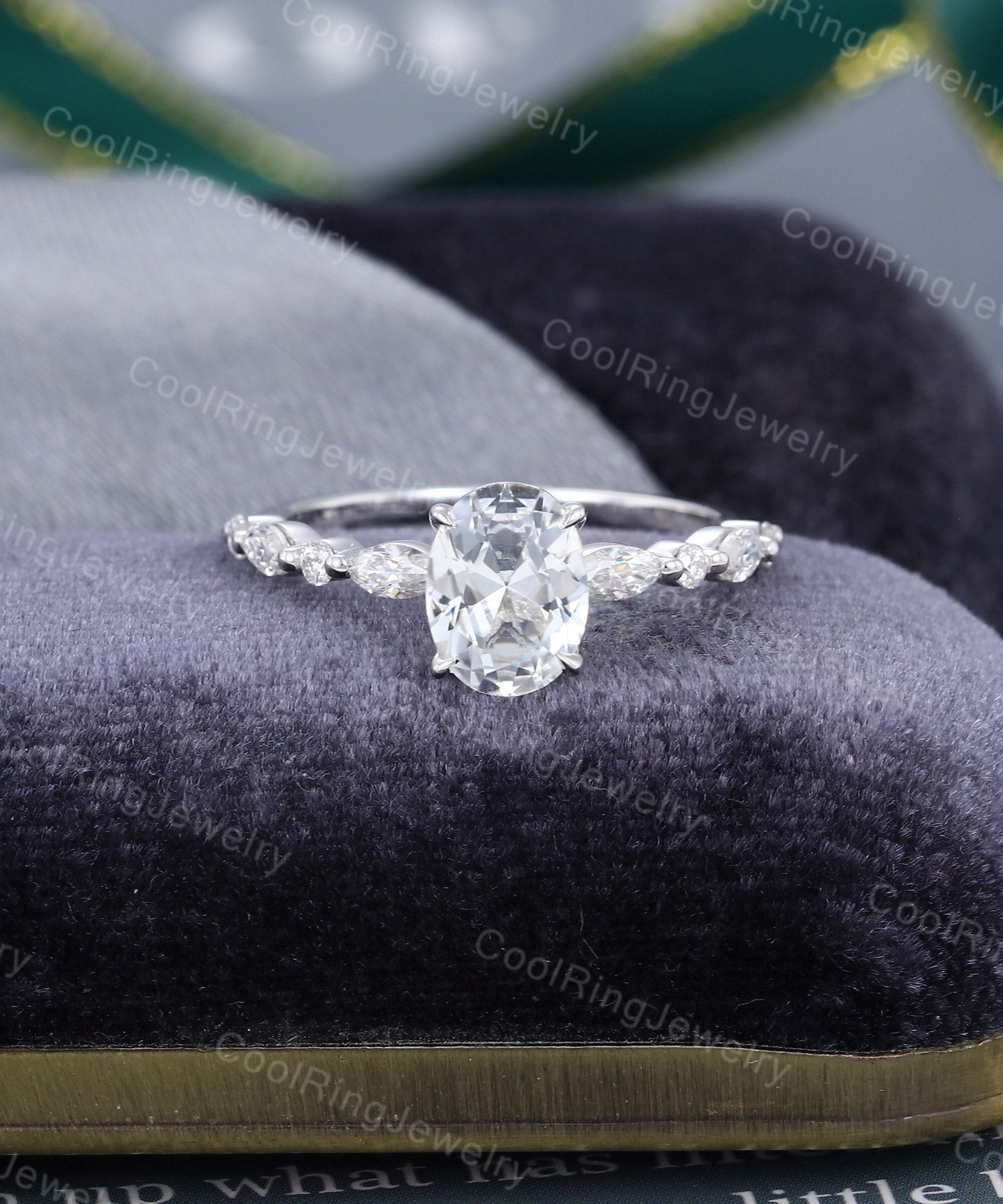 Oval White Sapphire Engagement Ring White Gold Vintage Half Eternity Solid 14k Marquise Cut Moissanite Ring Bridal Ring Promise Gift For Her