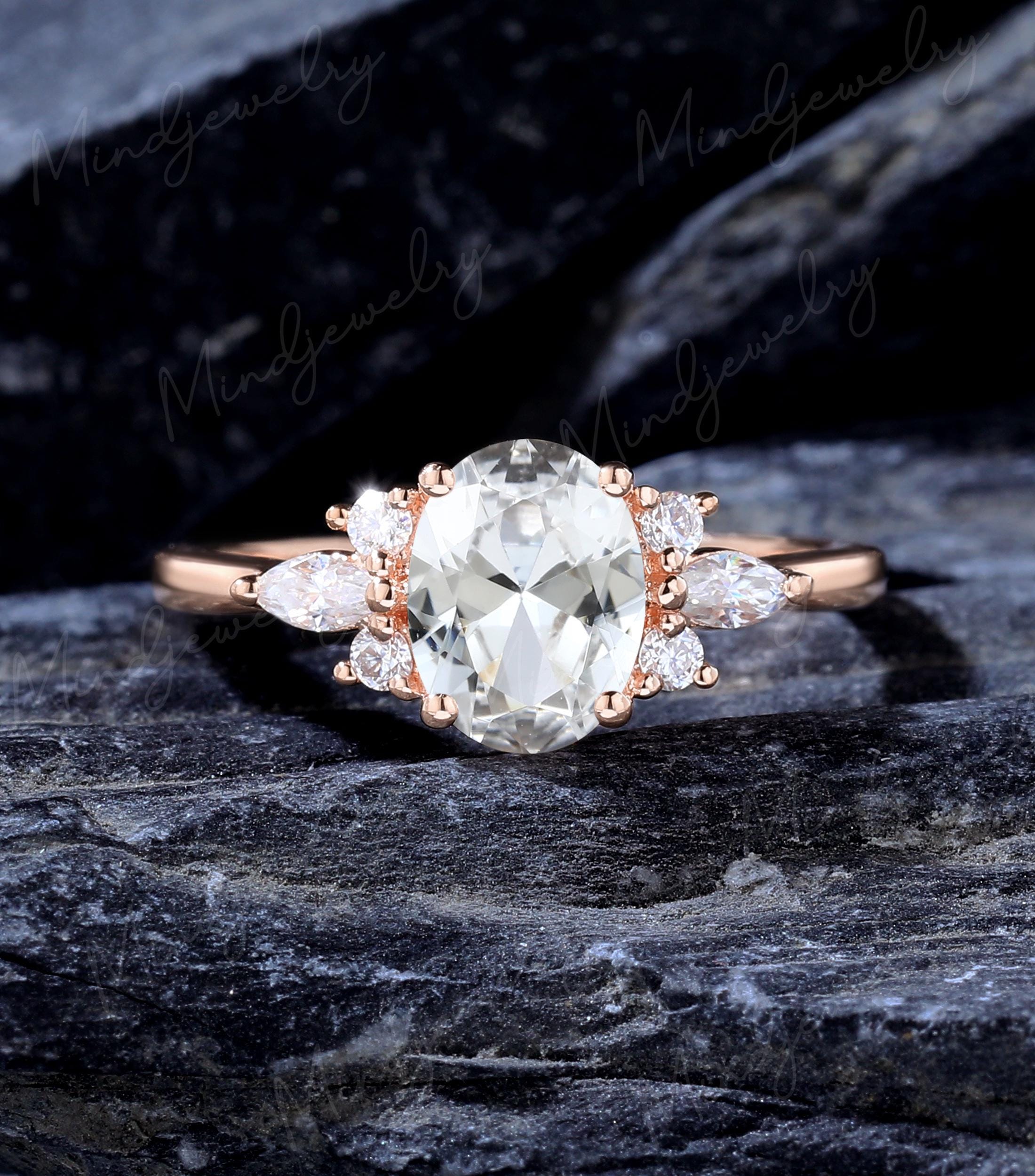 Oval White Sapphire Engagement Ring Vintage Solid 14k Rose Gold Cluster Moissanite Propose Promise Ring Wedding Bridal Ring Anniversary Gift Oval White Sapphire Engagement Ring Vintage Solid 14k Rose Gold Cluster Moissanite Propose Promise Ring Wedding Bridal Ring Anniversary Gift