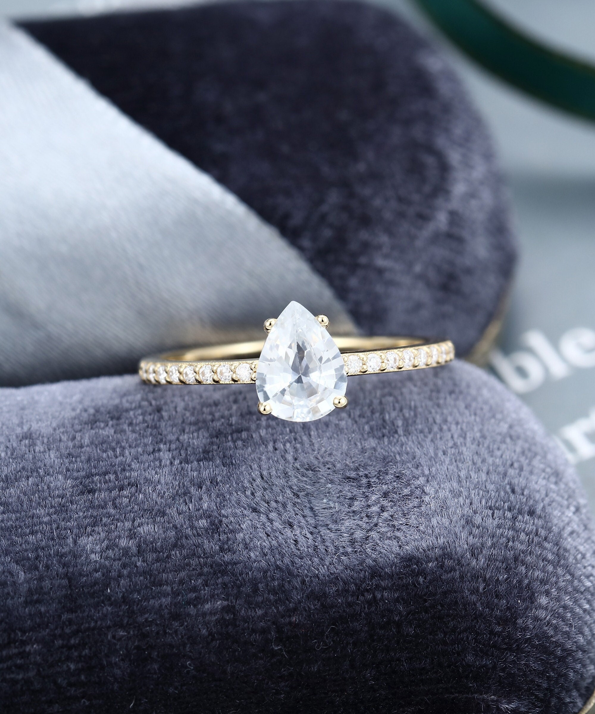 Pear Cut Natural White Sapphire Engagement Ring Vintage Yellow Gold Ring Half Eternity Ring Bridal Ring Anniversary Gift For Women